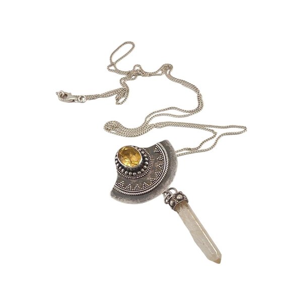 Sterling Silver Citrine Quartz Crystal Pendant Necklace With Crescent Moon Desig - Picture 2 of 7